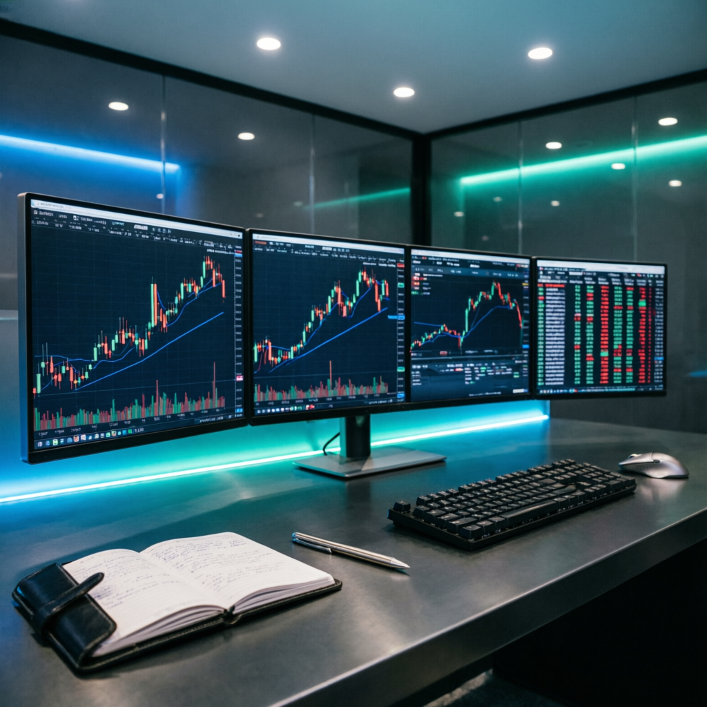 Professional trading desk with multiple monitors displaying forex charts and candlestick patterns