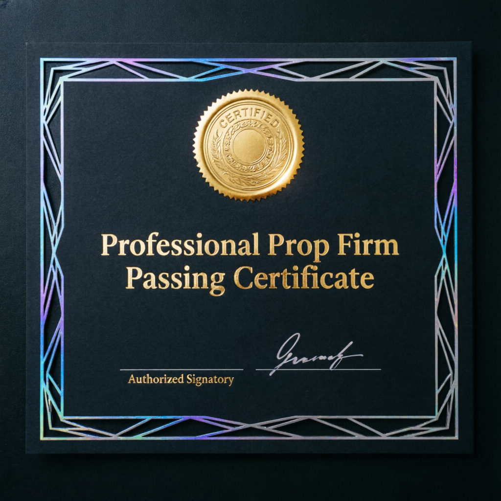 Professional Prop Firm Passing Certificate with gold seal on dark premium background