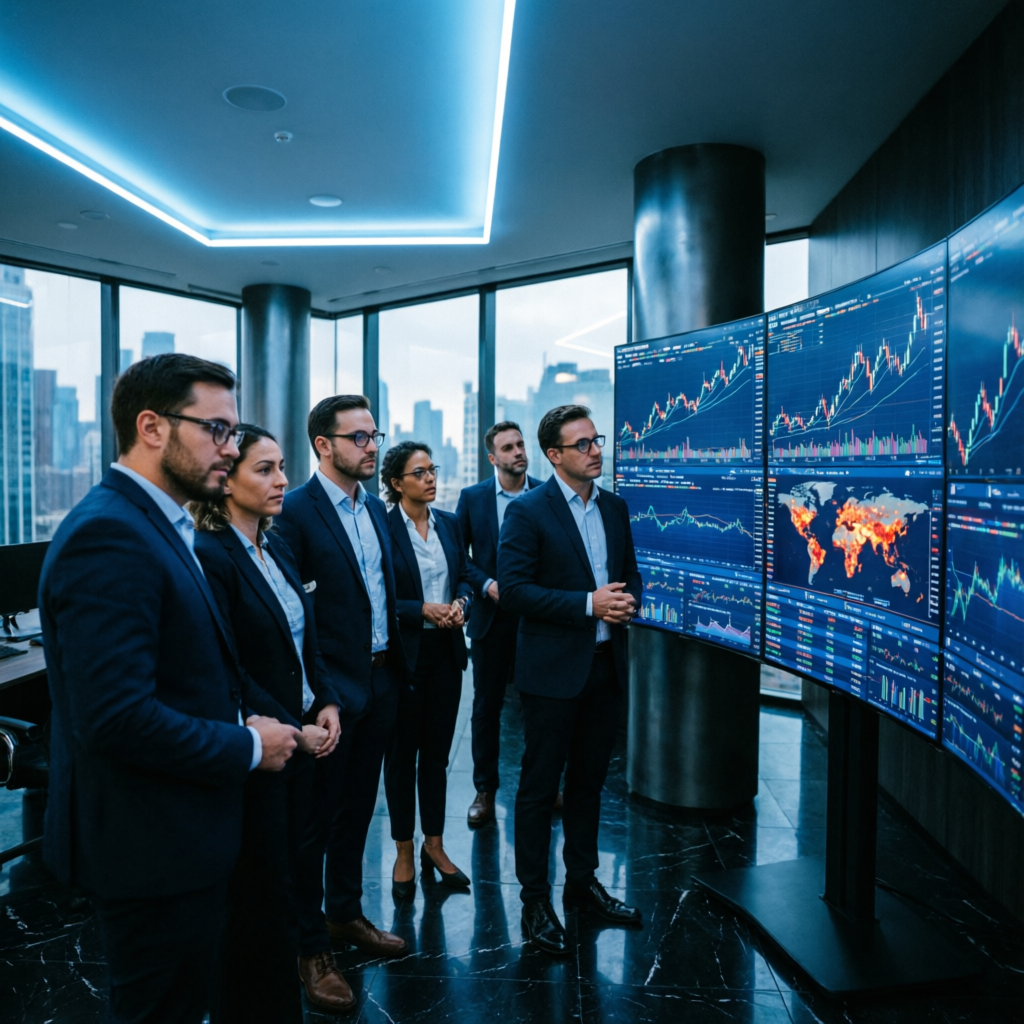 Professional team of financial analysts in modern trading room reviewing market data on large screens