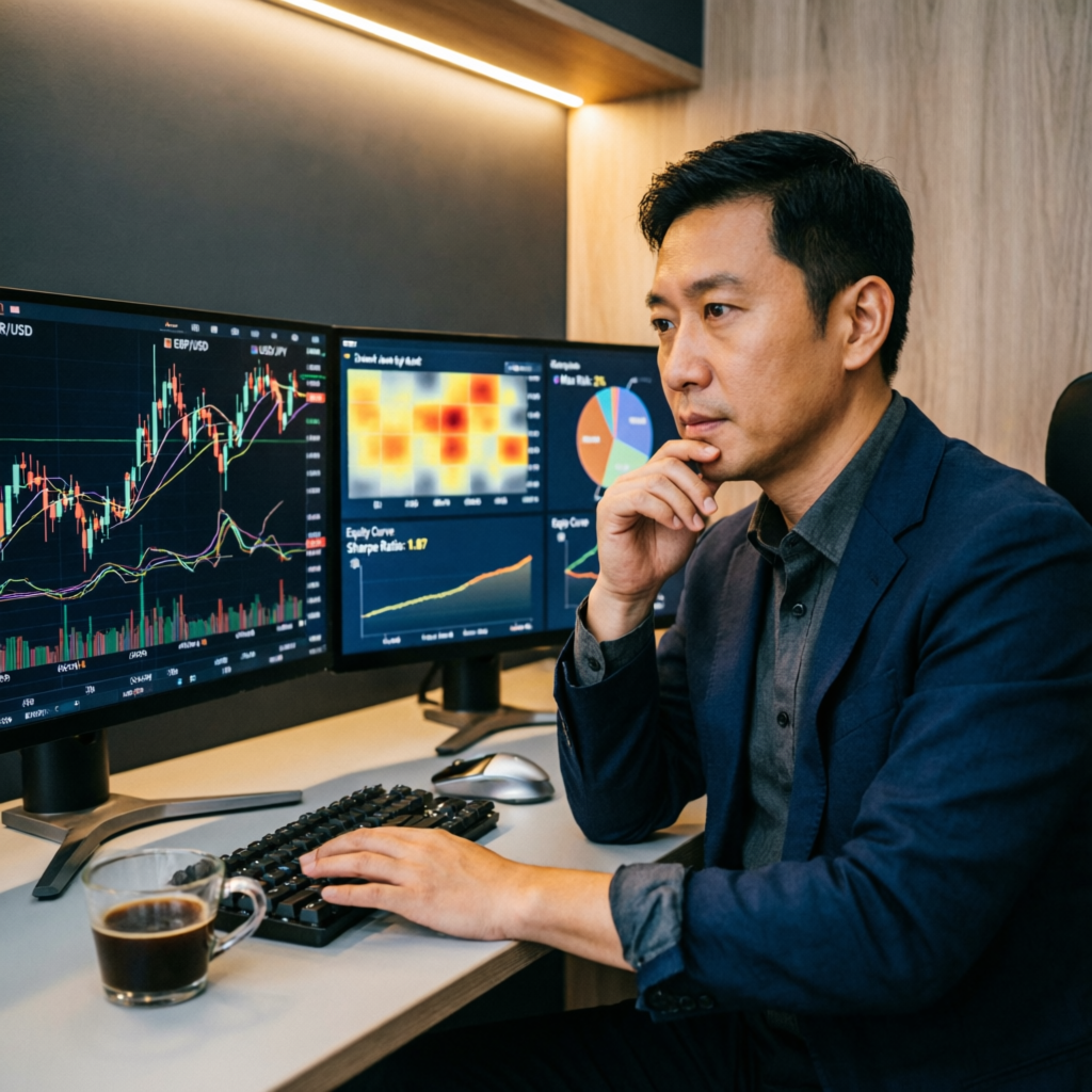 Professional forex trader analyzing charts on dual monitors with technical analysis and risk management indicators