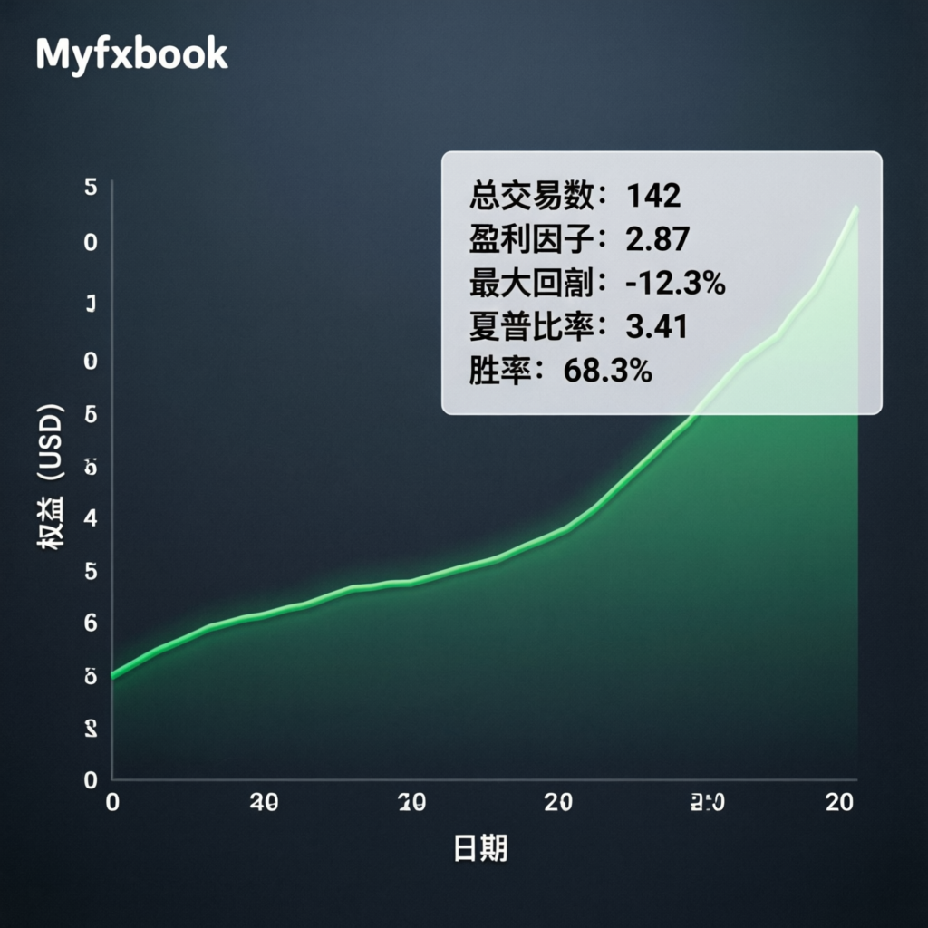 Myfxbook style trading performance chart showing consistent upward equity curve with profit statistics