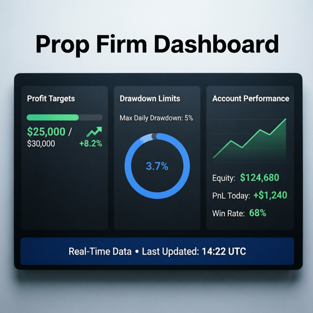 Prop Firm Dashboard showing profit targets, drawdown limits, and account performance metrics