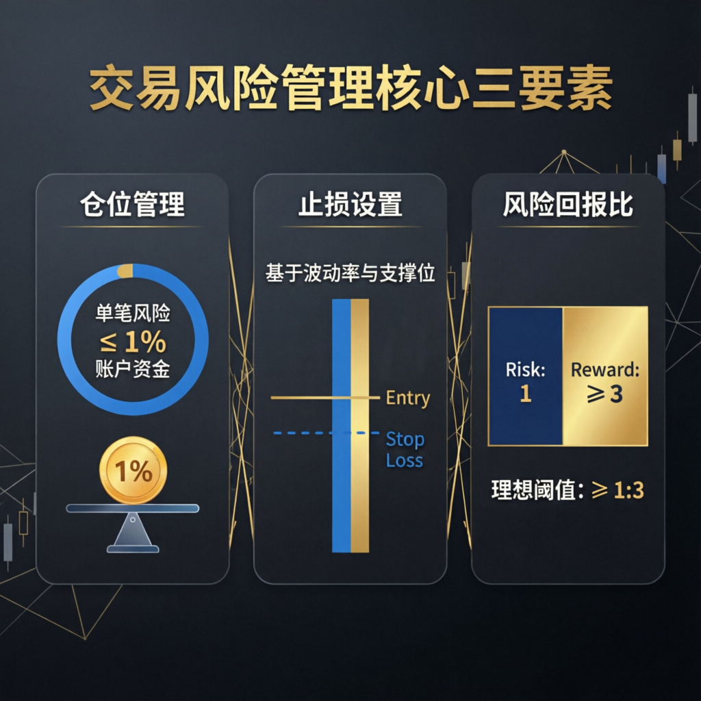 Trading risk management infographic showing position sizing, stop loss placement, and risk reward ratio