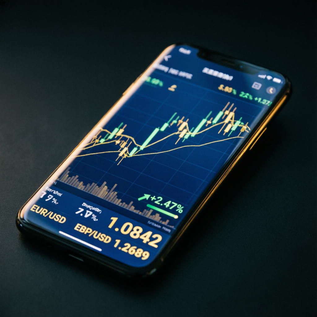 Mobile forex trading application showing live charts and account performance