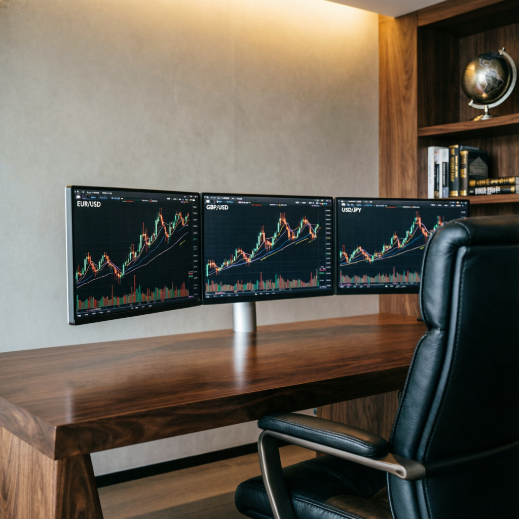 Professional trading office setup with multiple monitors for prop firm account management