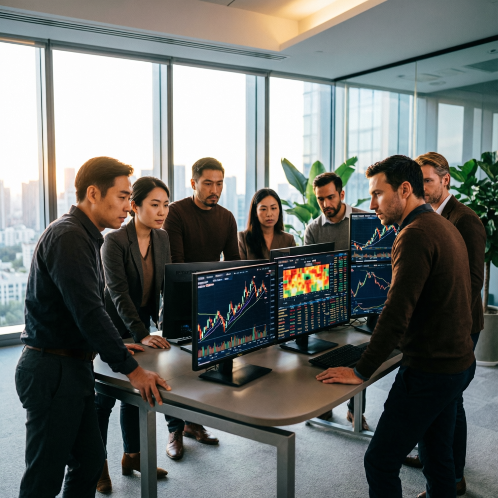 Professional team of forex traders analyzing market data for prop firm passing service