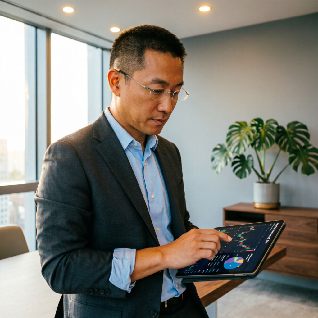 Professional trader analyzing portfolio on tablet for funded account management