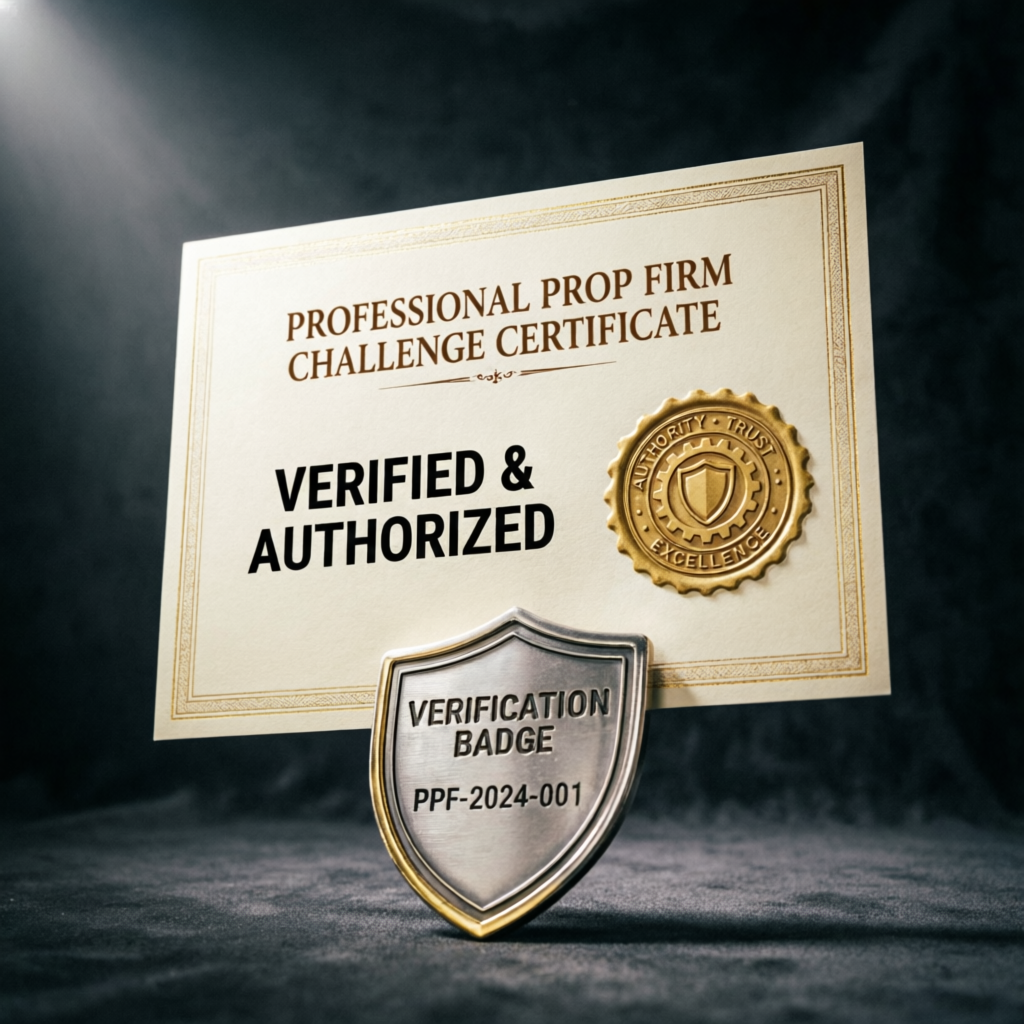 Professional prop firm challenge certificate with verification badge