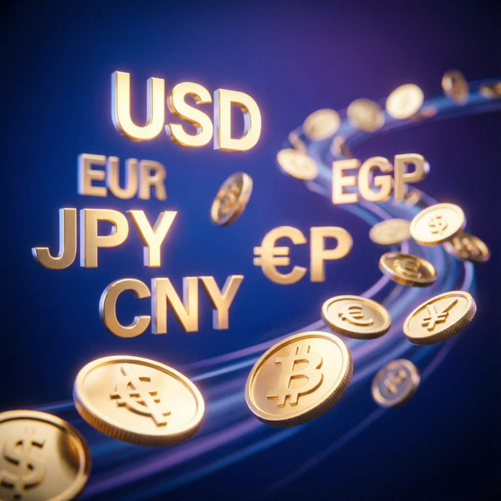Global currency markets with USD, EUR, JPY and cryptocurrency symbols