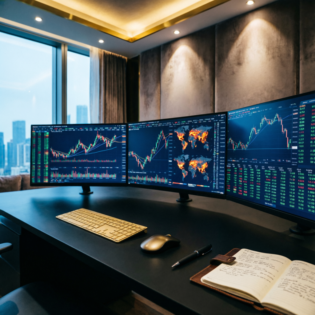 Professional trading workspace with multiple monitors