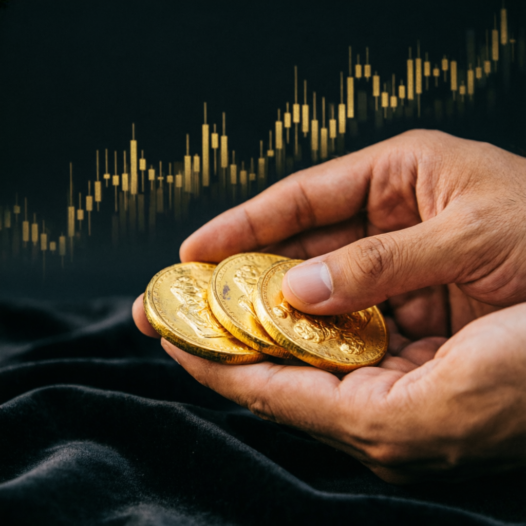 Funded account success with gold coins and trading charts