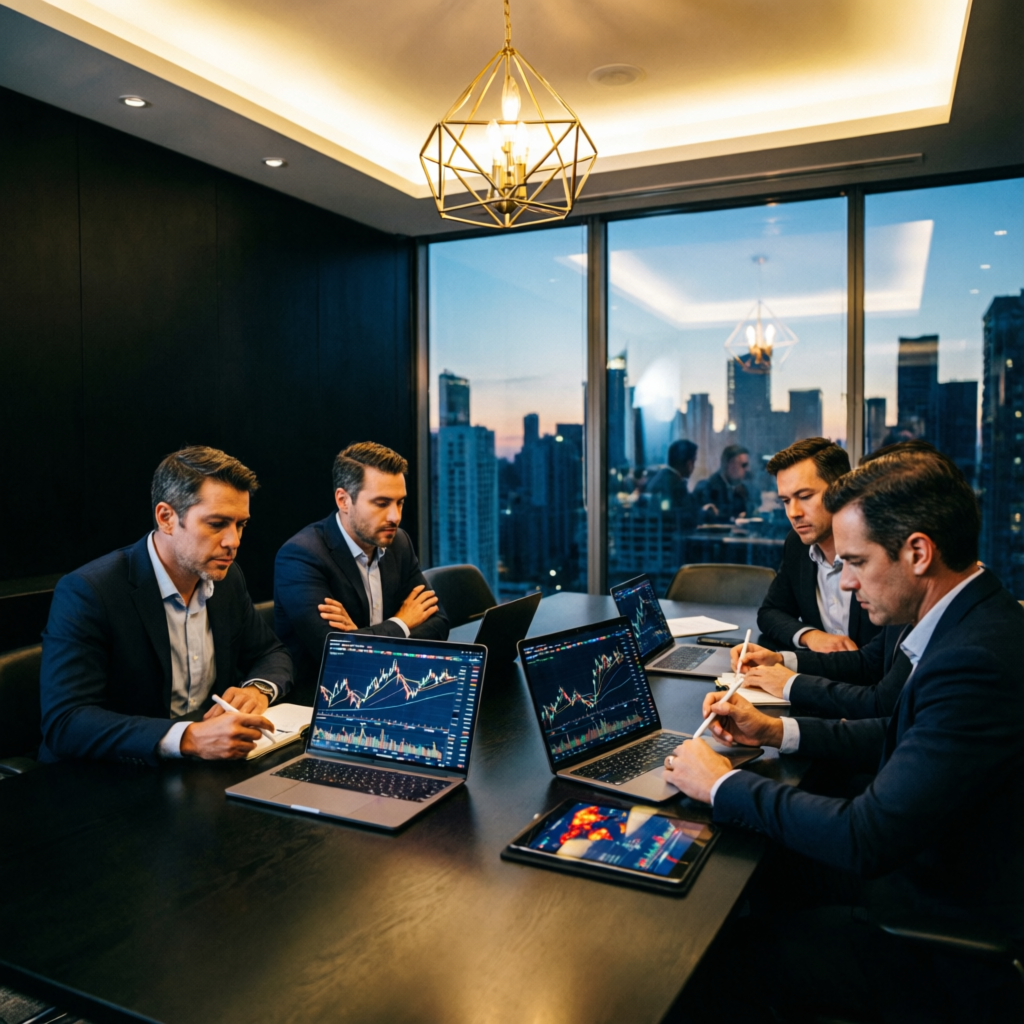 Professional traders analyzing charts in luxury office