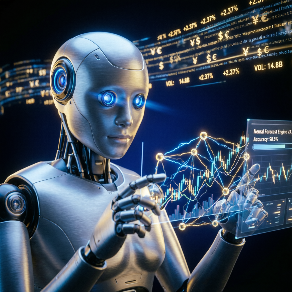 AI-powered trading robot analyzing charts for prop firm passing service