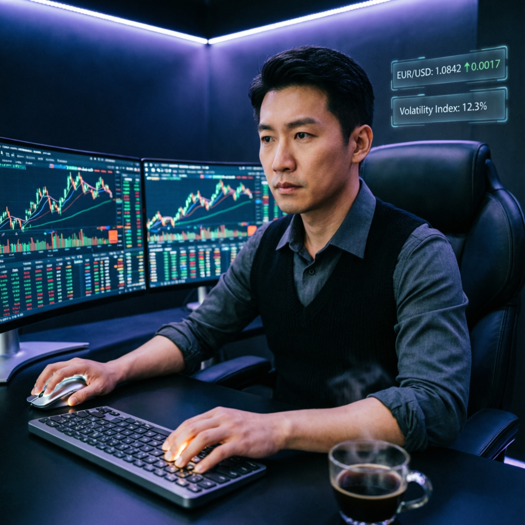 Professional forex trader analyzing Topstep trading combine fees on multi-monitor setup