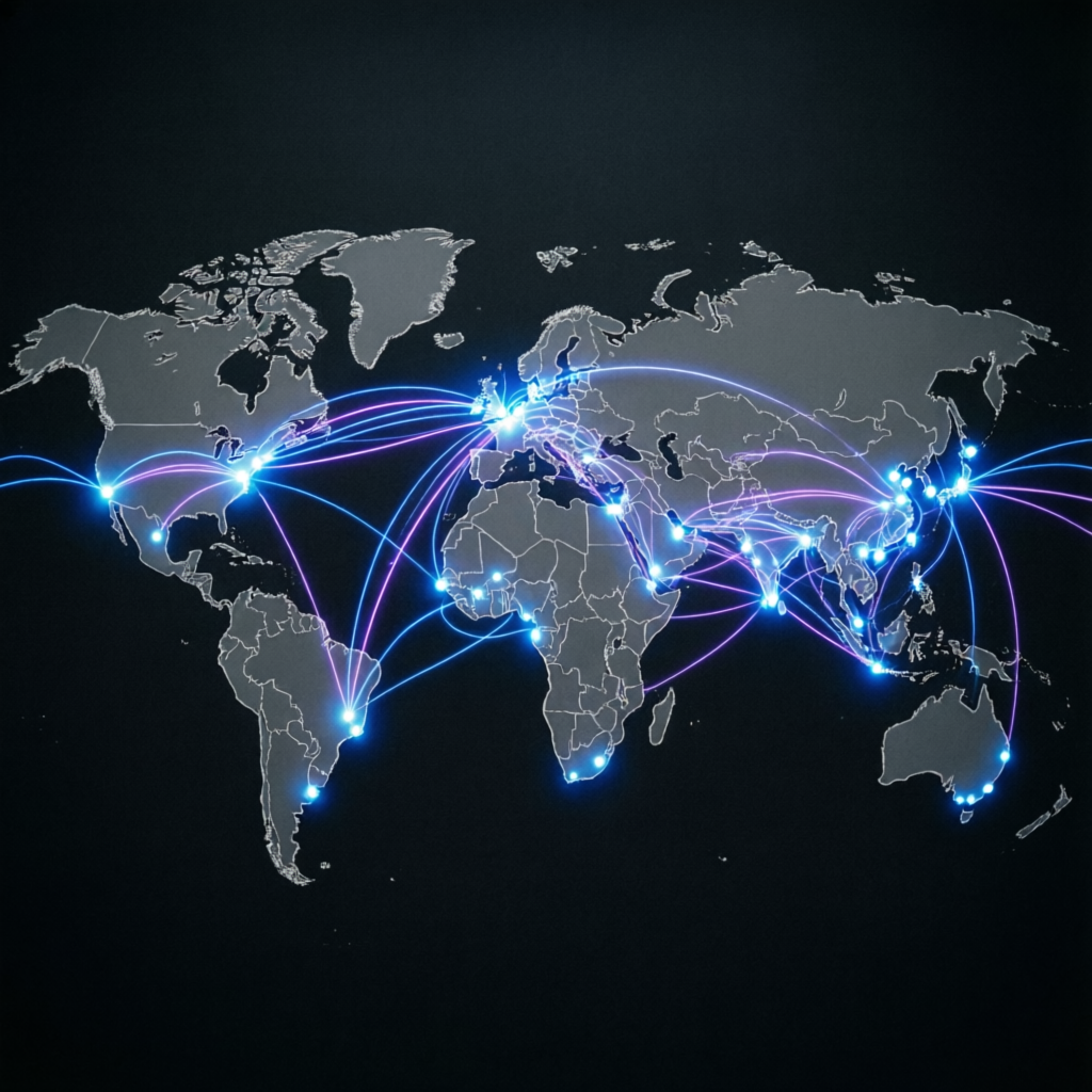 Global trading network visualization showing worldwide prop firm service coverage