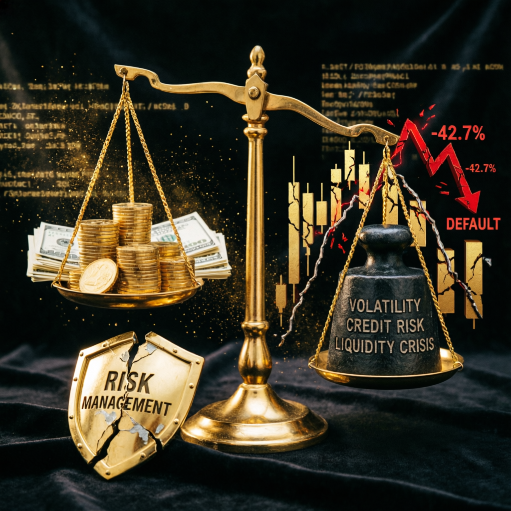 Risk management visualization with golden balance scale showing trading risk and reward