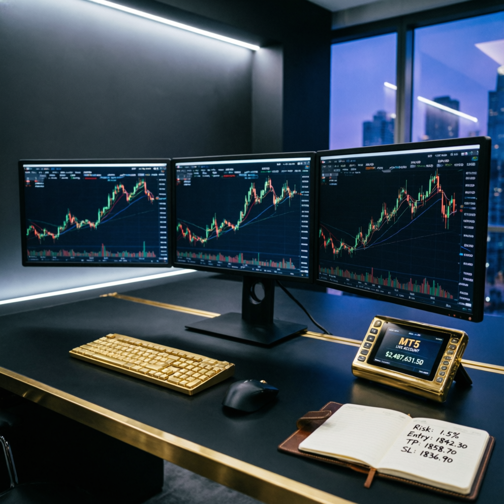 Professional forex trading setup with multiple monitors showing futures charts