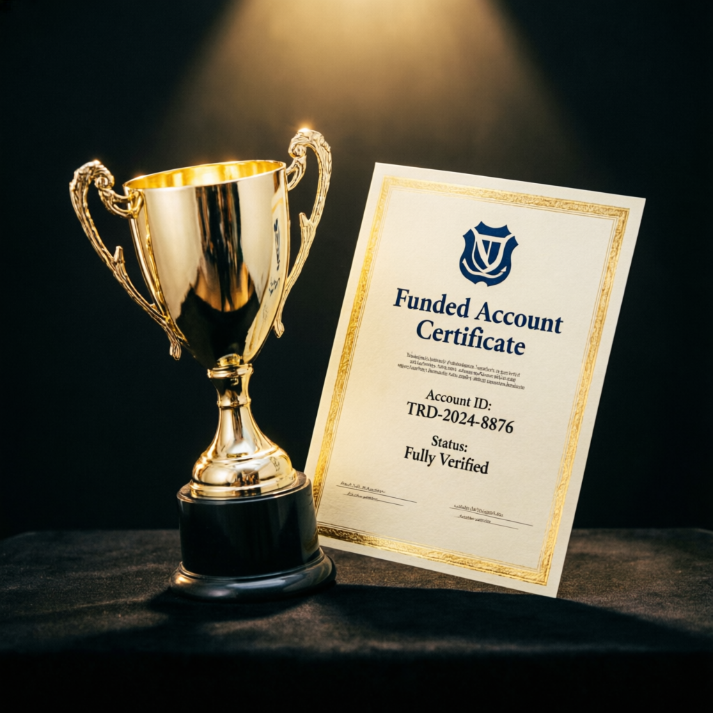 Funded account certificate and gold trophy representing successful prop firm evaluation completion