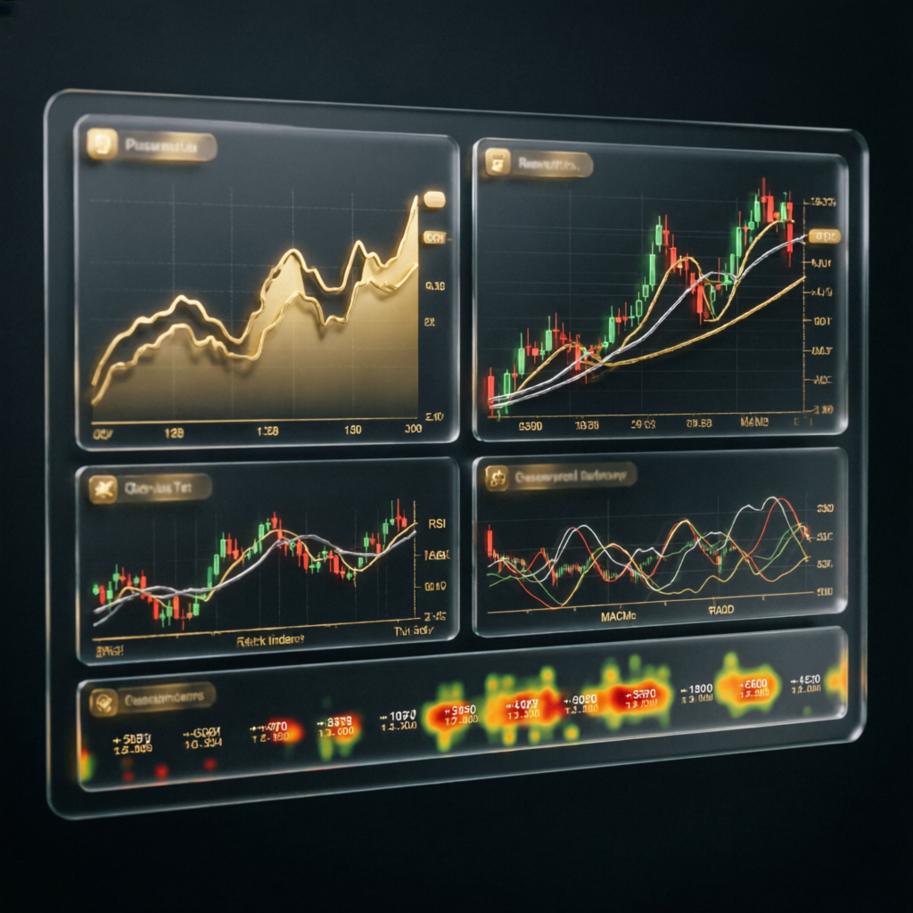Professional forex trading analytics dashboard with golden charts and statistics
