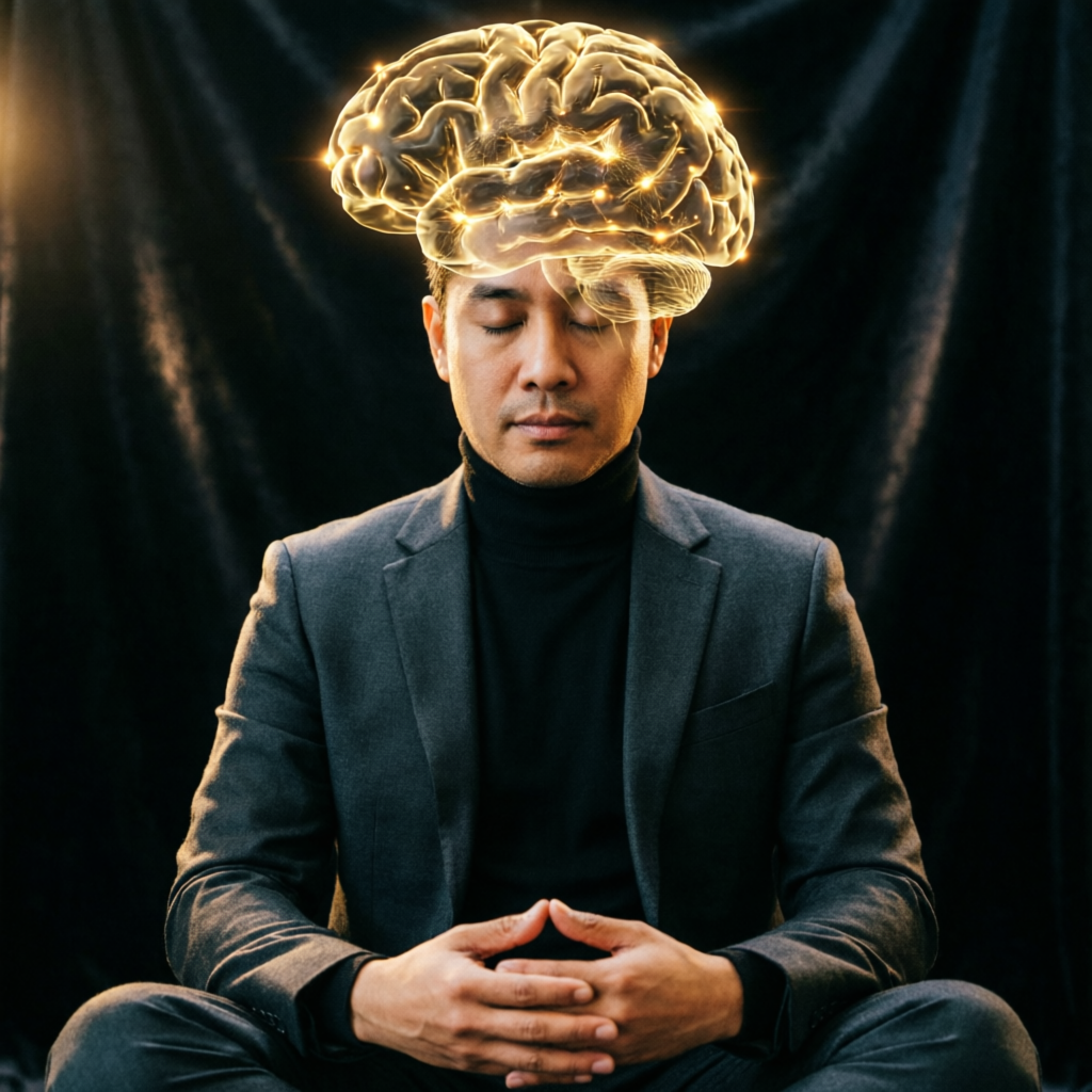 Trading psychology concept with professional trader in meditation pose with golden brain visualization