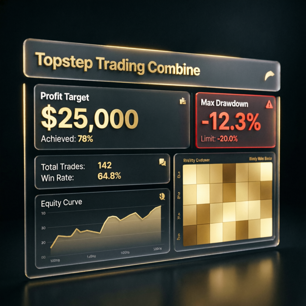 Topstep Trading Combine Dashboard showing profit target and drawdown metrics