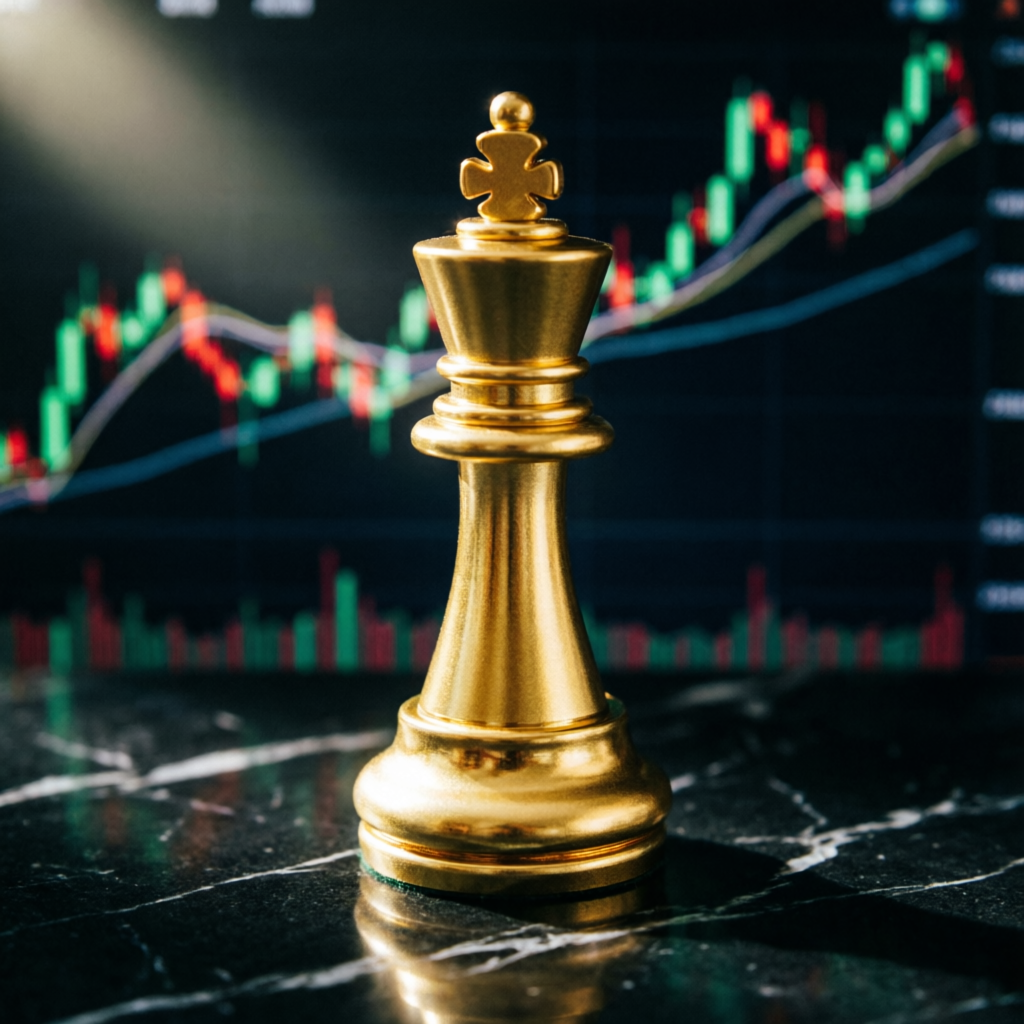 Golden chess king piece on black marble with trading charts in background representing strategic trading decisions