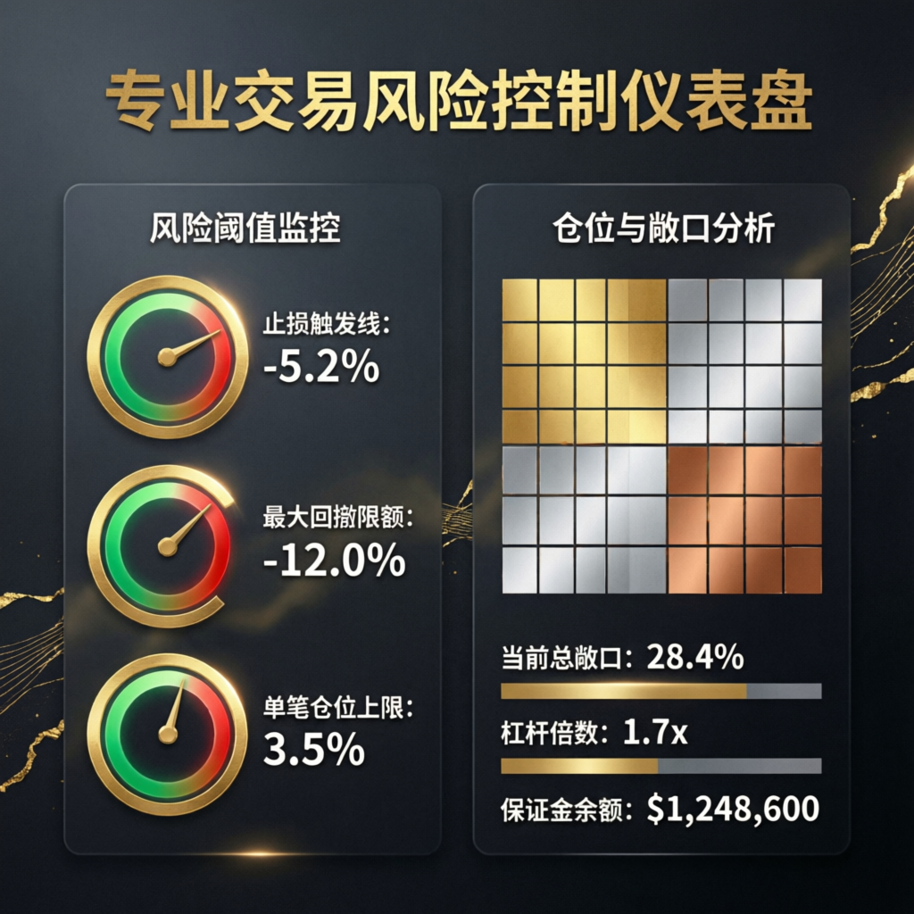 Professional trading risk control dashboard showing drawdown limits, position sizing, and leverage metrics
