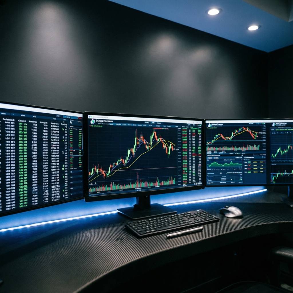 Advanced multi-screen trading setup with NinjaTrader futures charts in professional prop trading desk