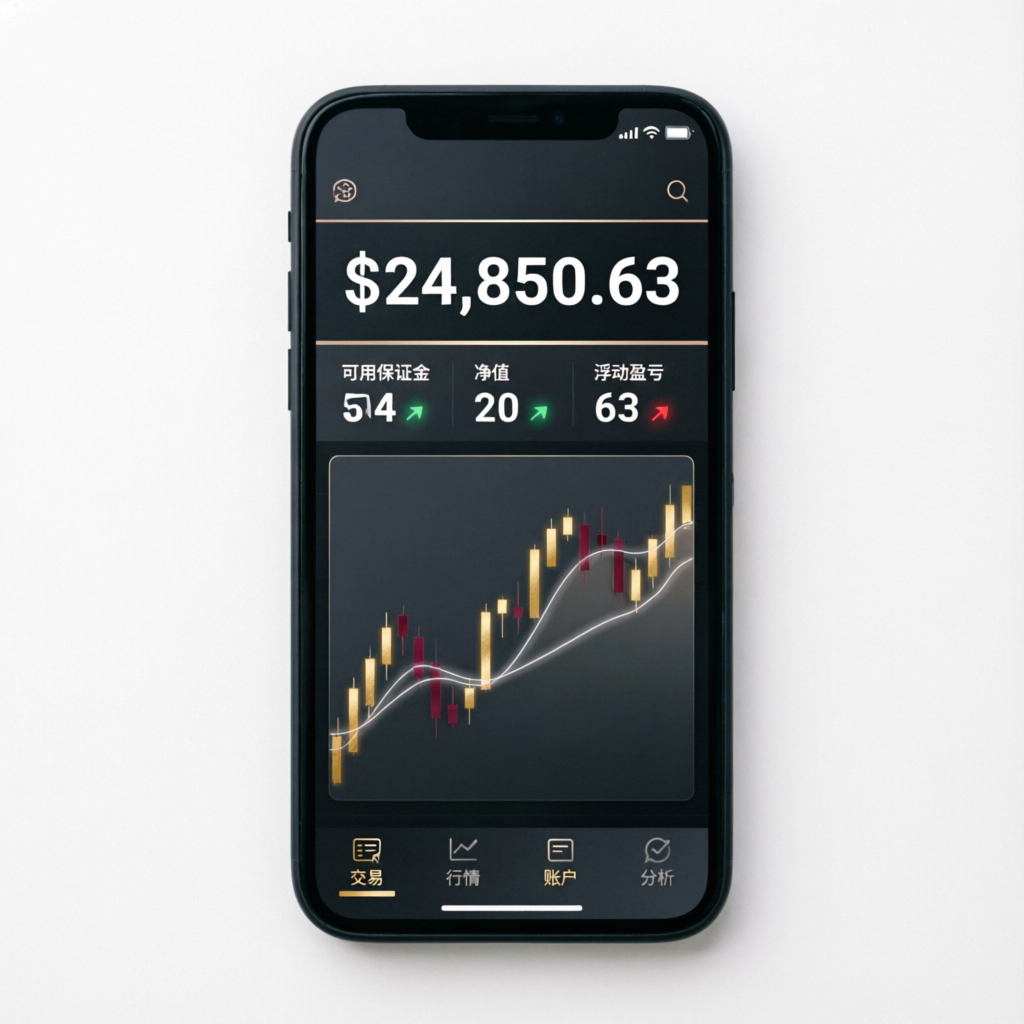 Mobile trading app showing funded account dashboard with profit metrics