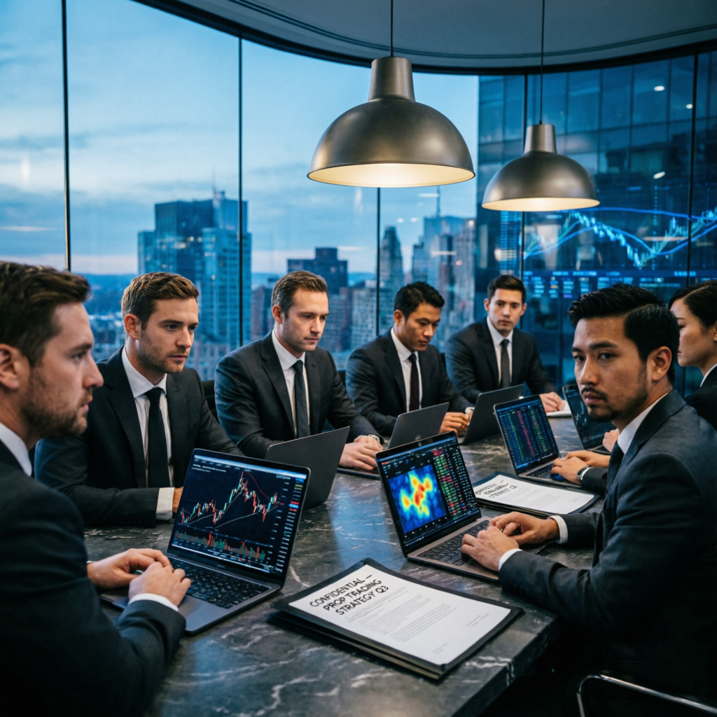 Team of expert prop firm traders in modern corporate office reviewing trading strategies