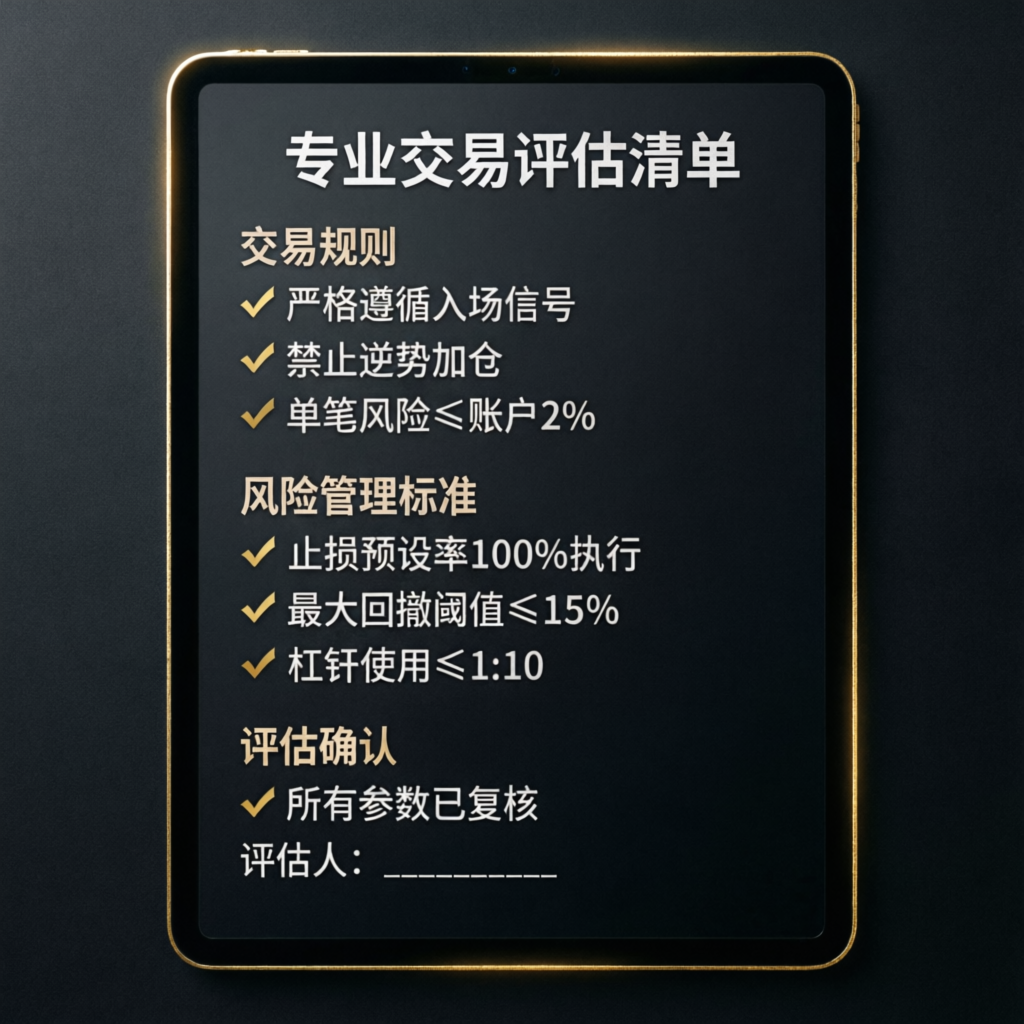 Professional trading evaluation checklist on digital tablet with checkmarks and trading rules