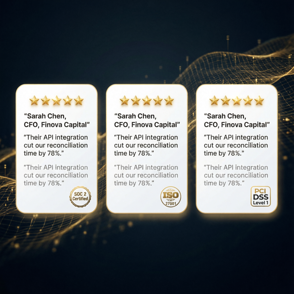 Premium client testimonial review cards with 5-star ratings and trust certifications