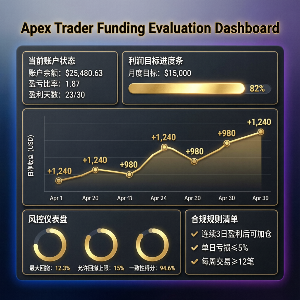 Apex Trader Funding Evaluation Dashboard showing profit targets, drawdown limits, and consistency rules
