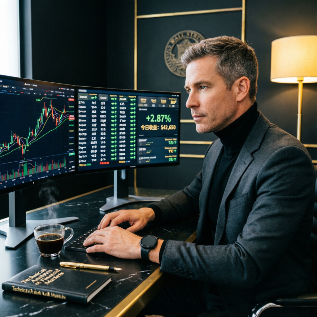 Professional forex trader at multi-monitor trading setup in premium Wall Street office