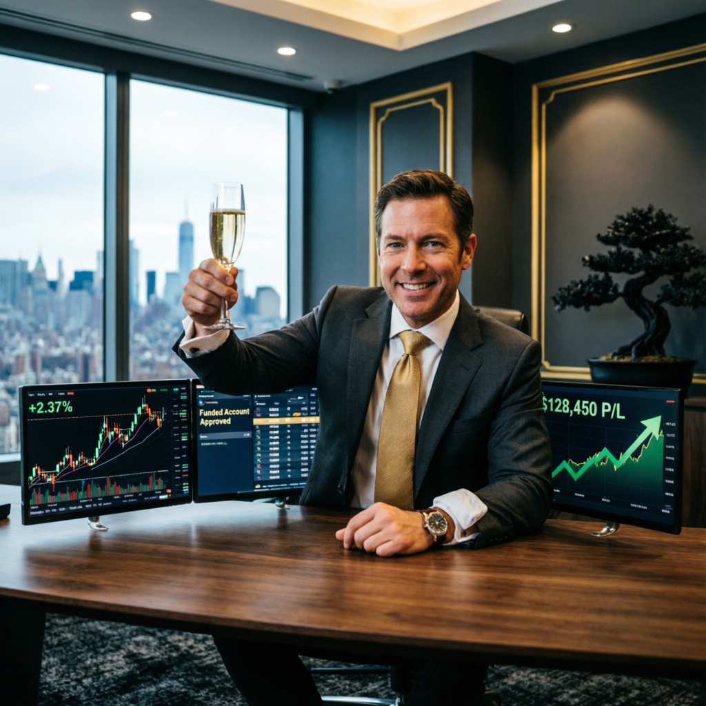 Professional trader celebrating funded account success with champagne in premium office