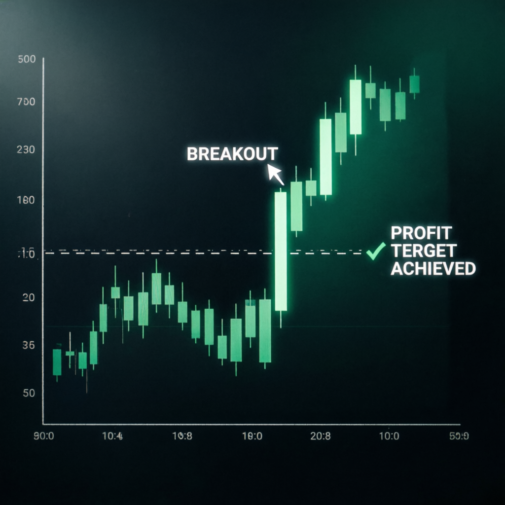Candlestick trading chart showing successful breakout with profit target achieved