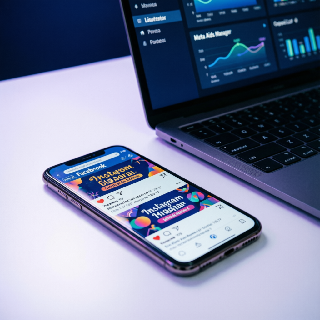 Smartphone showing Facebook and Instagram feed advertisements next to a laptop displaying a Meta Ads Manager dashboard with reach and cost per lead charts