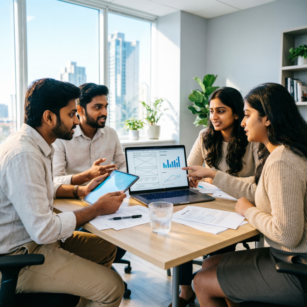 The Web Ai Global team reviewing campaign performance reports and website wireframes together at their Thane office