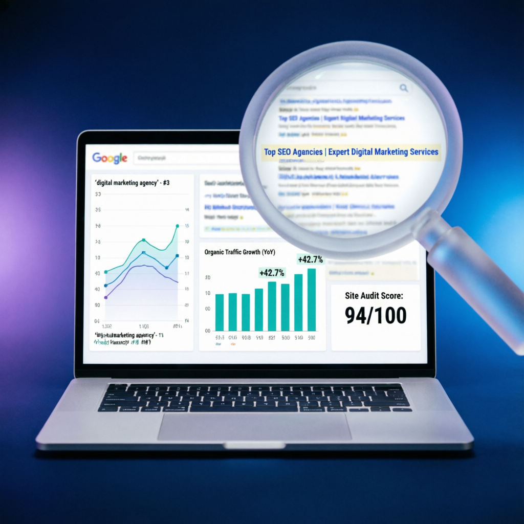 Laptop showing an SEO dashboard with organic traffic growth charts, a site audit score and a magnifying glass over Google search results