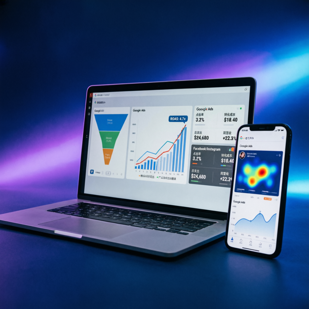 Laptop and smartphone showing performance marketing dashboards with ROAS metrics, conversion funnels and rising revenue charts