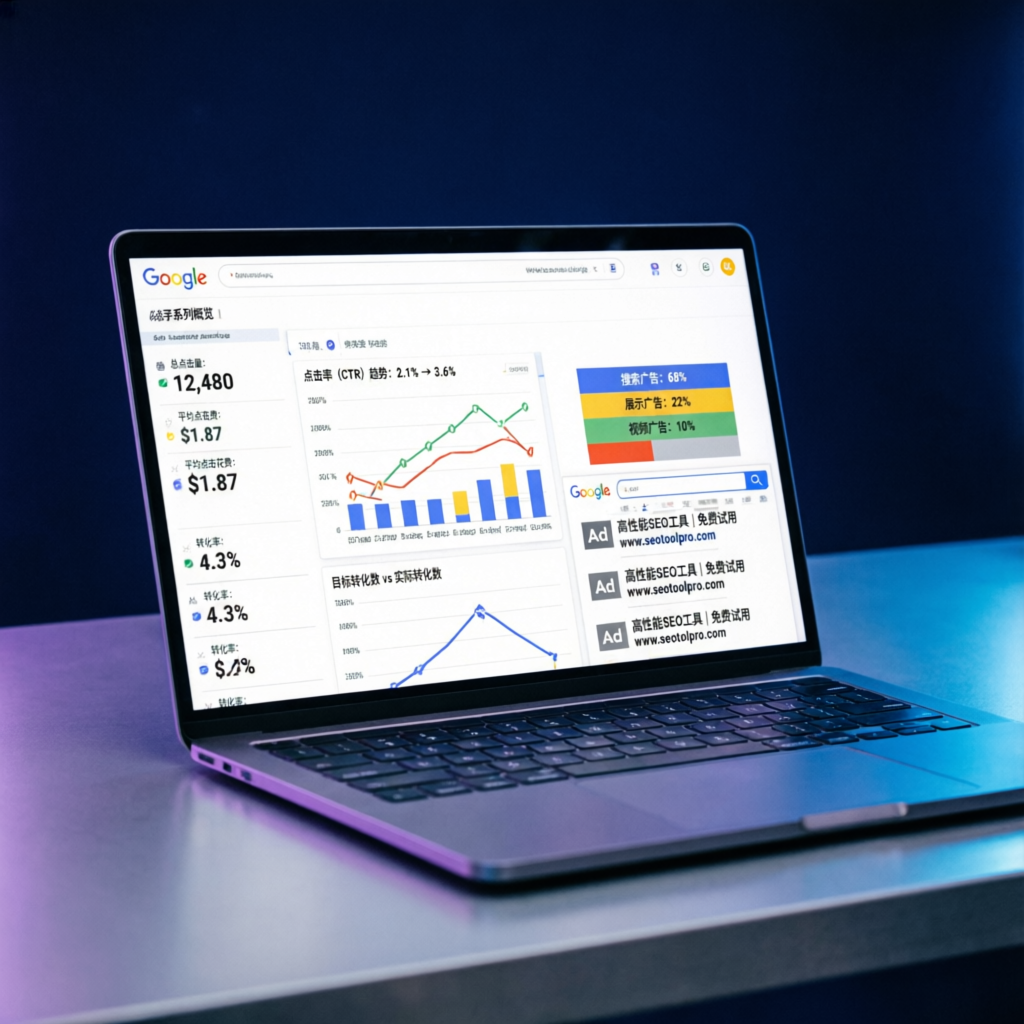 Laptop showing a Google Ads PPC dashboard with click-through rate trends, cost per click metrics, conversion charts and sponsored search results