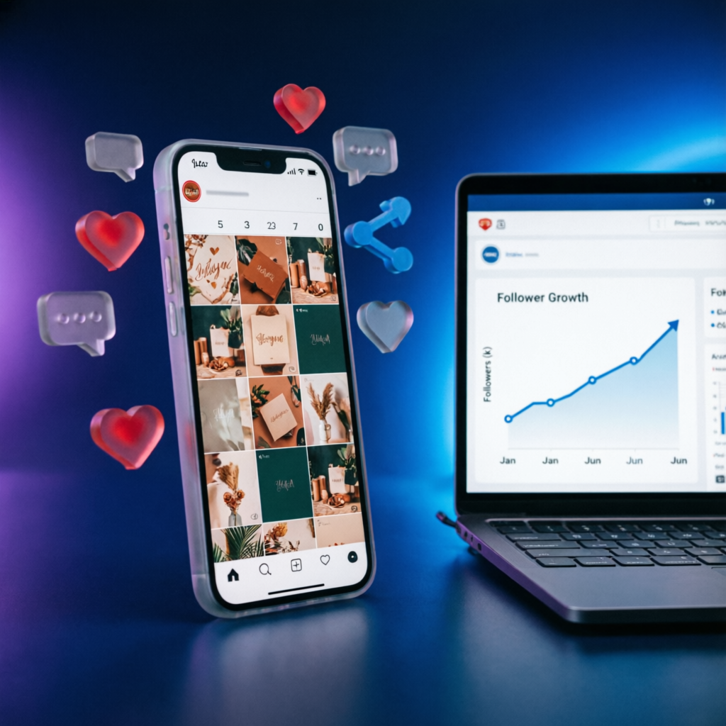Smartphone showing an Instagram-style content grid with floating like, comment and share icons next to a laptop displaying a follower growth analytics chart