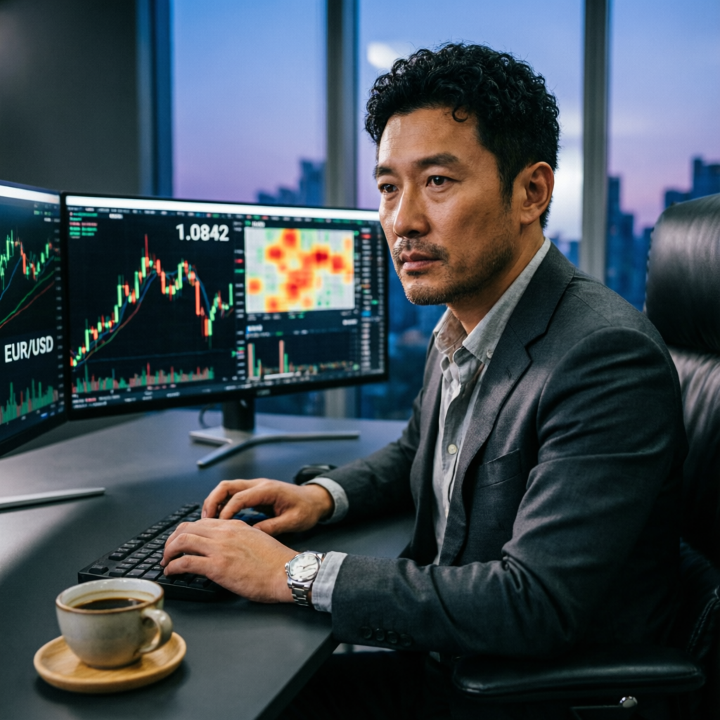 Professional forex trader analyzing Apex Trader Funding charts on multiple monitors