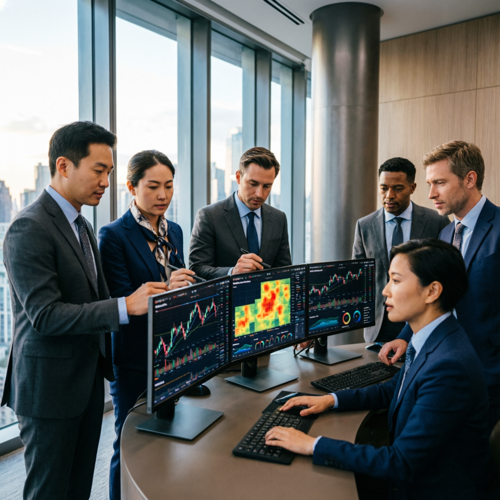 Professional trading team analyzing Apex Trader Funding strategies and performance