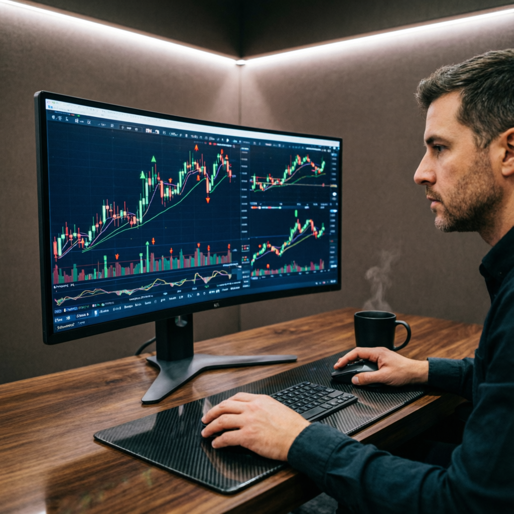 Professional forex trader analyzing currency pair charts for prop firm challenge evaluation