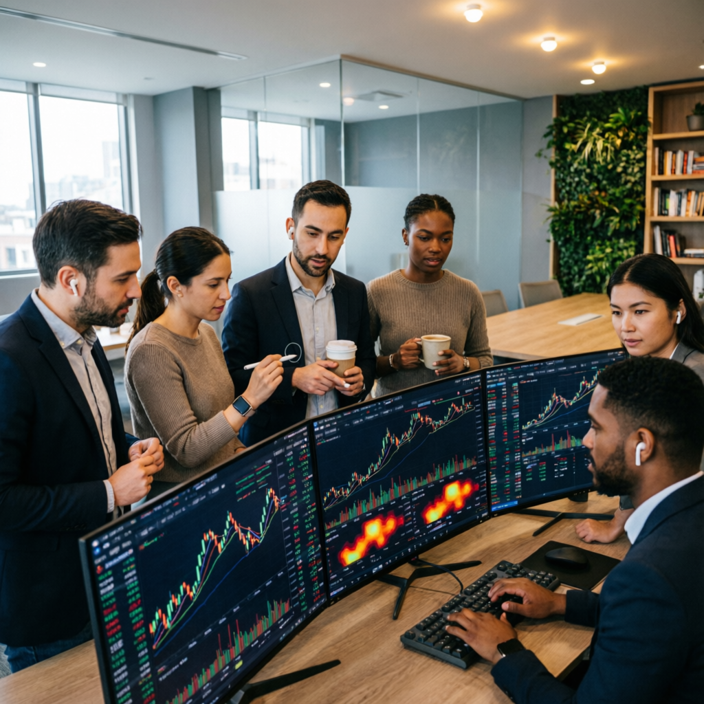 Professional trading team analyzing Topstep funded account strategies