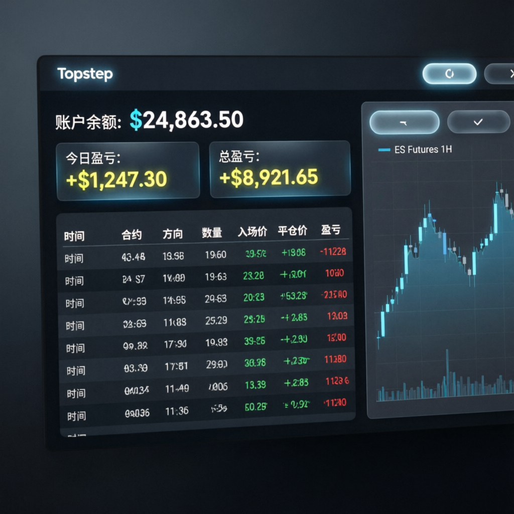 Topstep trading platform dashboard showing account balance and futures trading interface