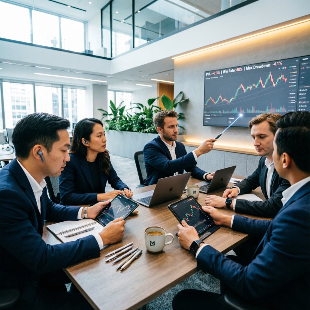Team of professional prop trading experts reviewing strategies and risk management