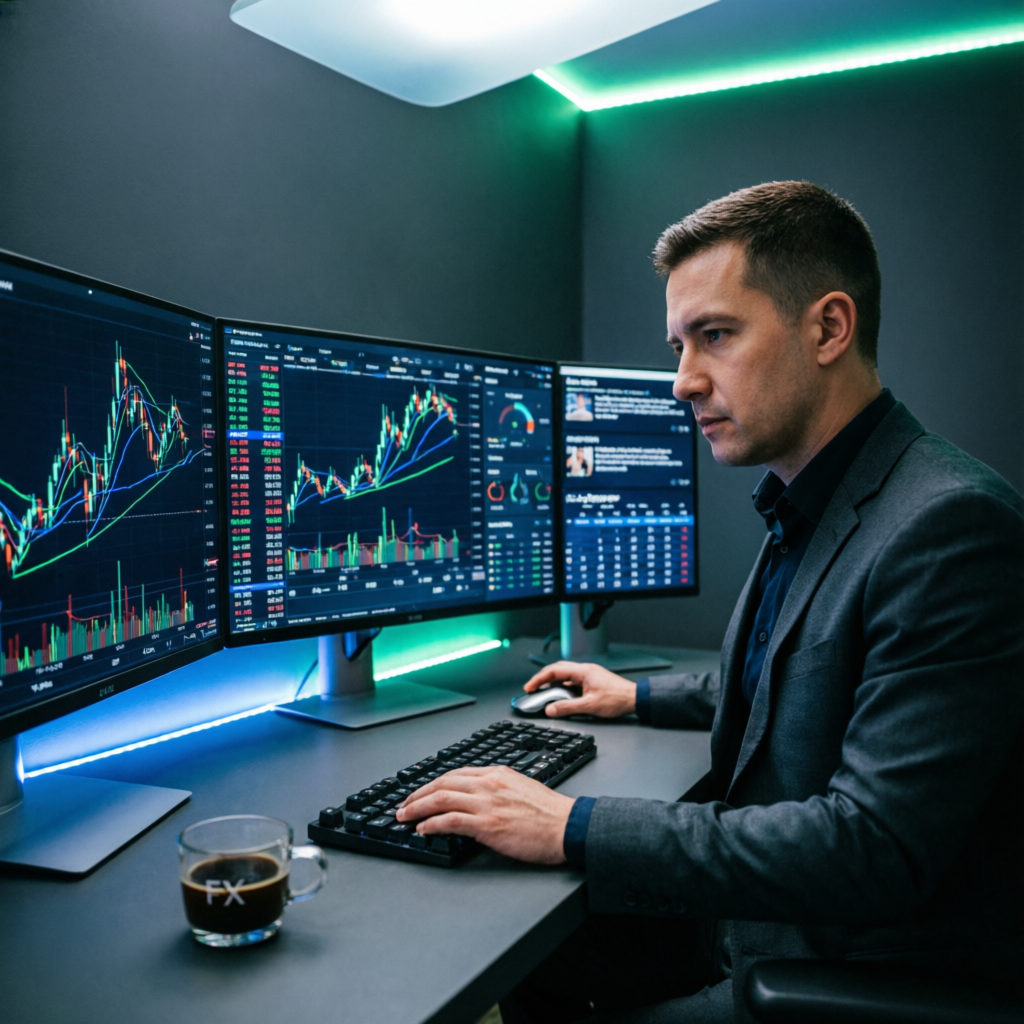 Professional forex trader analyzing Topstep news trading rules on multiple monitors