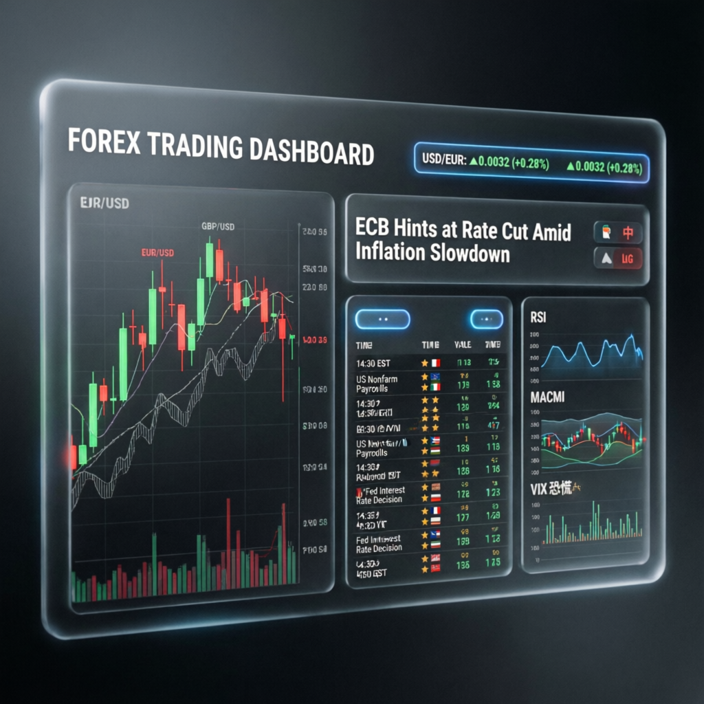 Forex trading dashboard showing economic news calendar and live charts for Topstep news trading